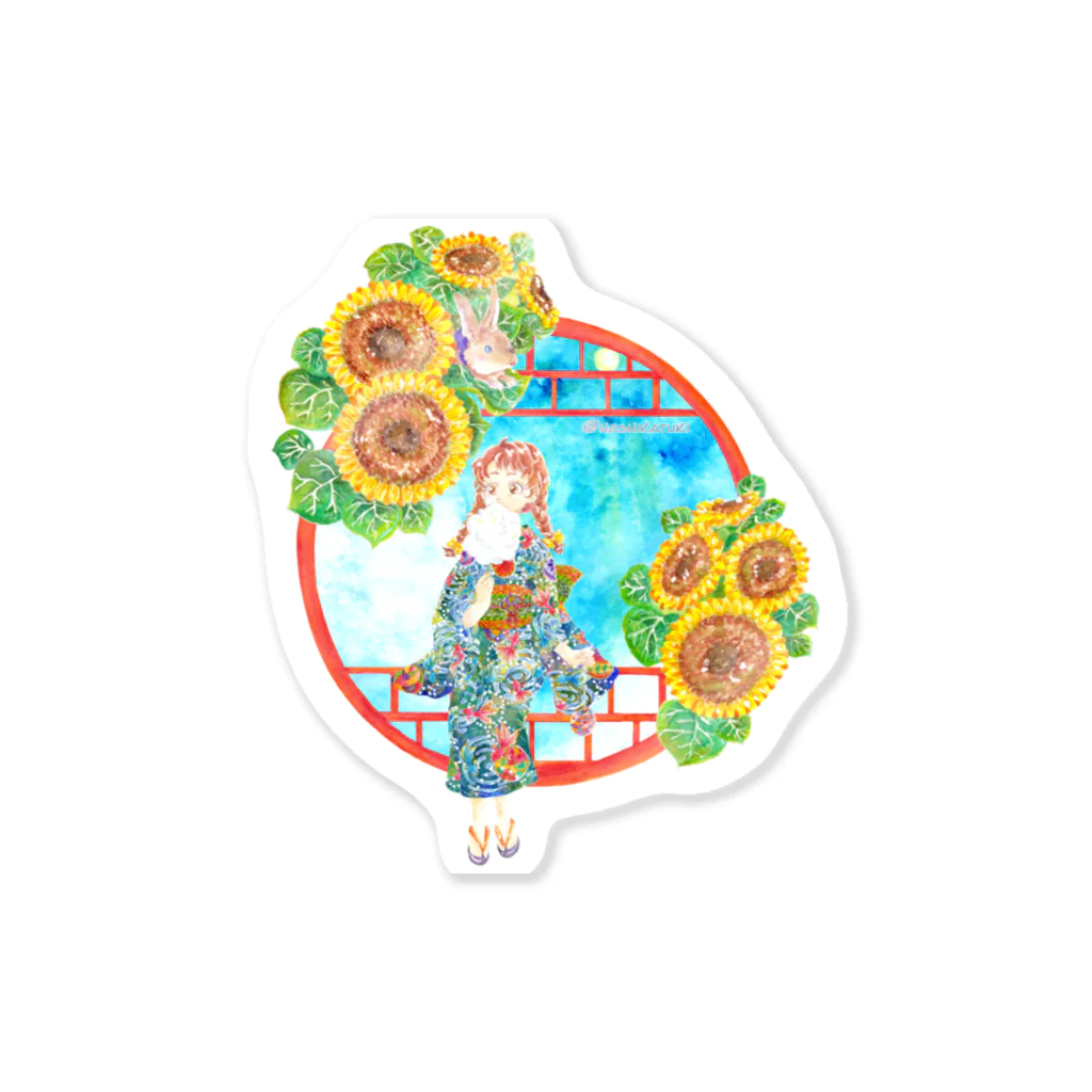 星架月の「窓際の夏」昼・向日葵縁・浴衣の女の子 Sticker