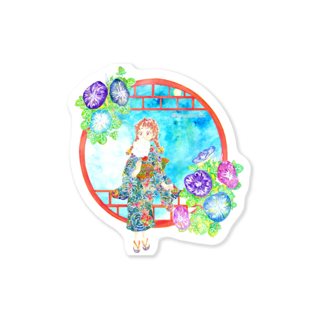 星架月の「窓際の夏」青空・朝顔縁・浴衣の女の子 Sticker