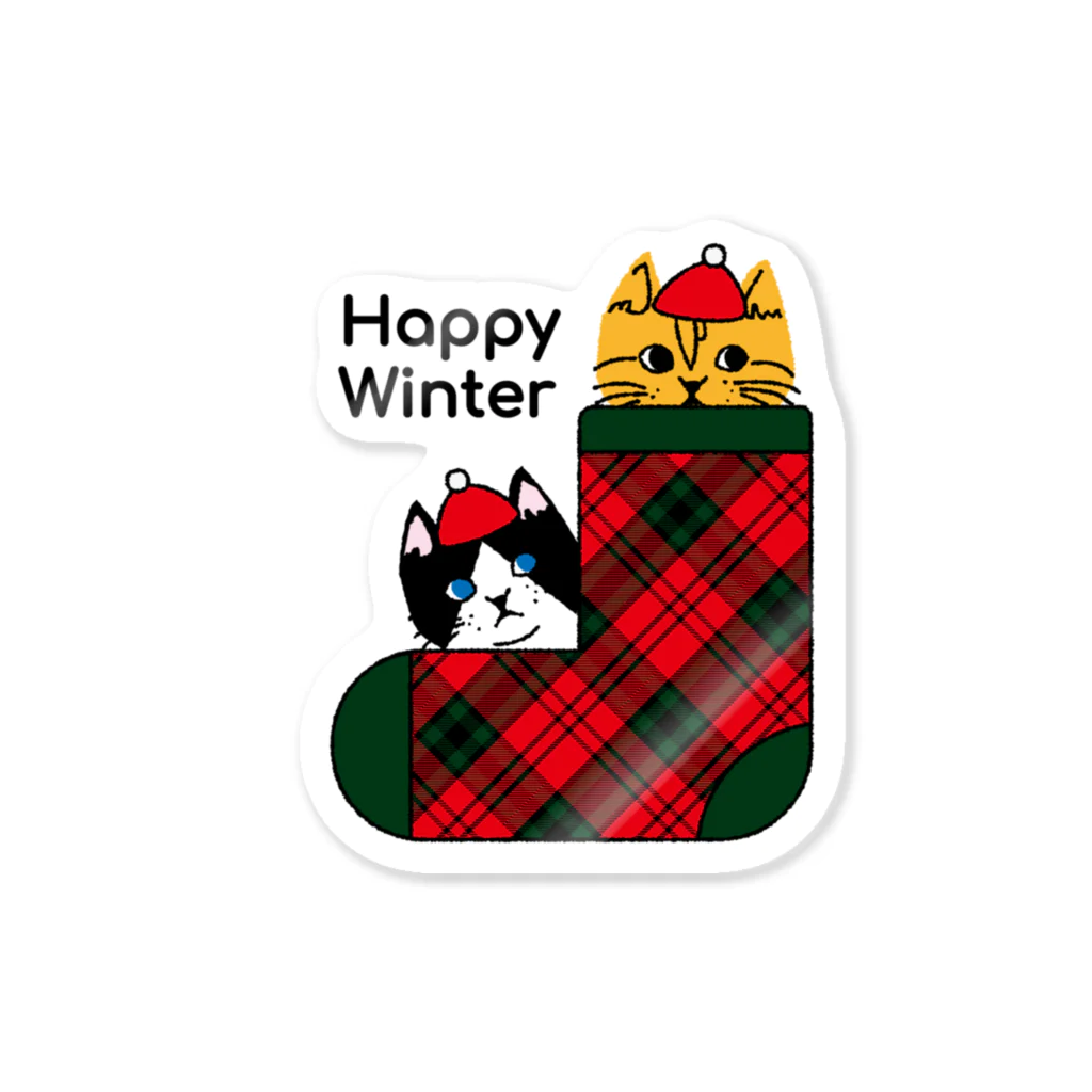 mapechiのトラネコしまお＆ハチワレはっち、happy Winter ステッカー