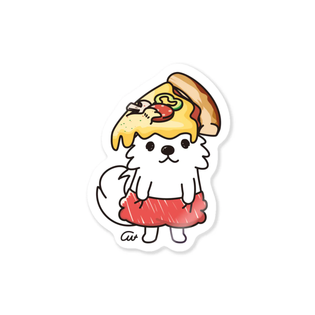 イラスト MONYAAT のPIZZAをゲットしたポメラニアン　*ak＆st Sticker