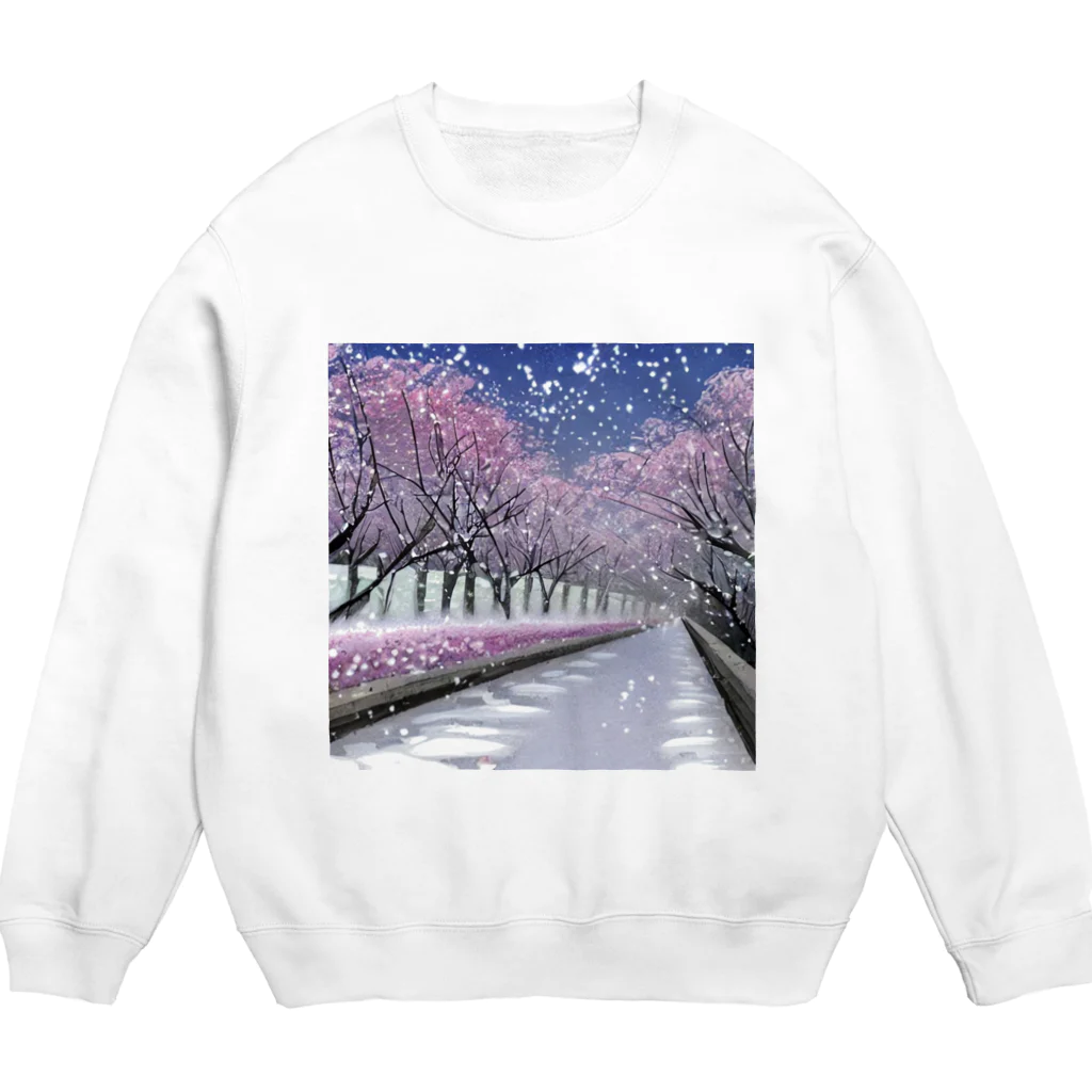 Yossy's Item Factoryの夜の桜並木に雪 Crew Neck Sweatshirt