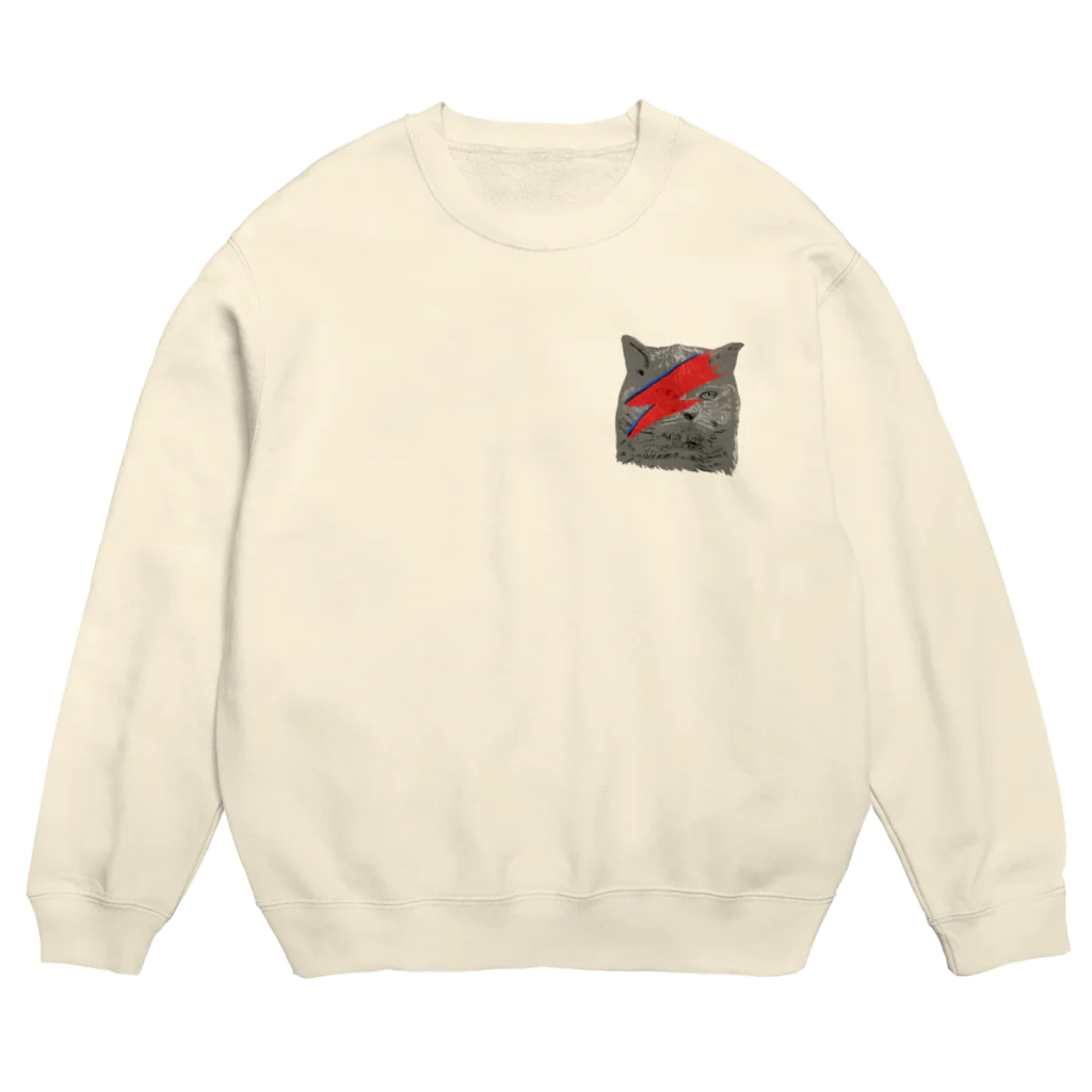 小鳥と映画館のDボウイのメイクをしたネコ Crew Neck Sweatshirt