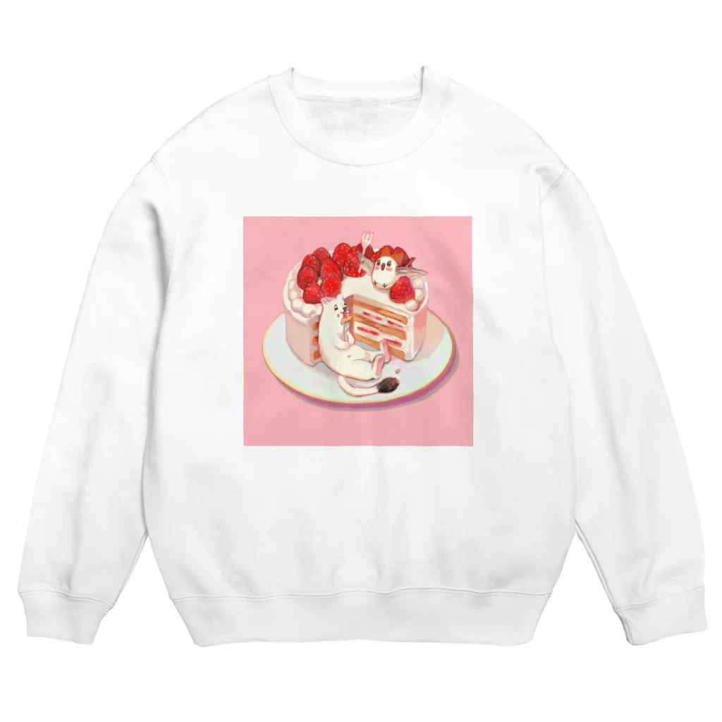 オコジョとエナガのオコジョとエナガ　いちごケーキもぐもぐ Crew Neck Sweatshirt