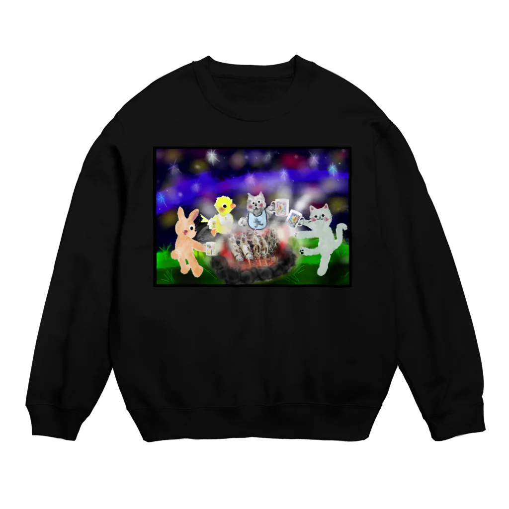 🤍一ノ瀬 彩 🐇⸒⸒ suzuri支店🤍の夜空キャンプ【ゆめかわアニマル】 Crew Neck Sweatshirt