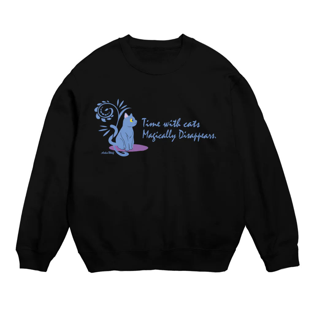 AckeeWolf Art Shopのネコとの時間は魔法のよう　アパレル黒タイプ Crew Neck Sweatshirt