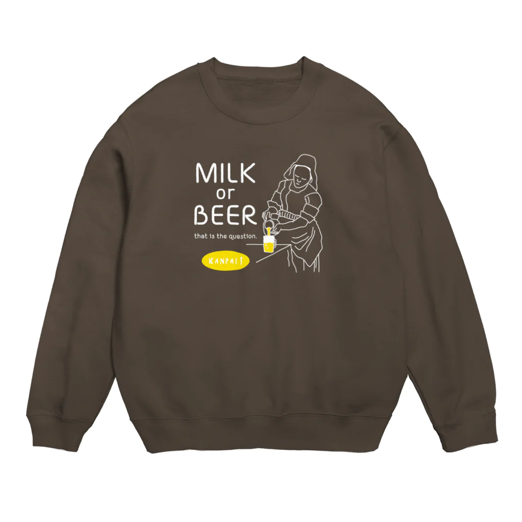 ビールとアート TM-3 Designの名画 × BEER（牛乳を注ぐ女・牛乳かビールか、それが問題だ。）白線画 Crew Neck Sweatshirt