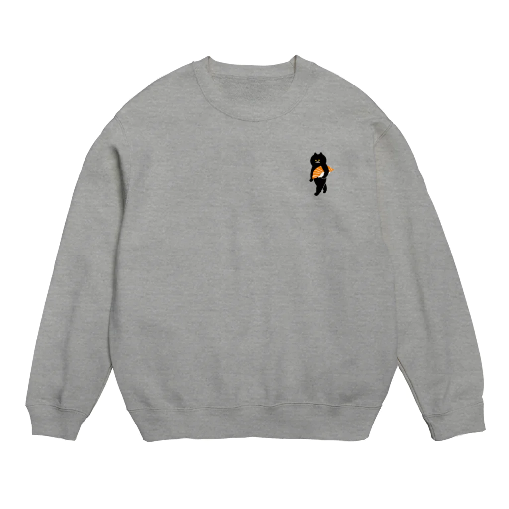 SUIMINグッズのお店の【小】サーモンの握り寿司をかっこよく運ぶねこ Crew Neck Sweatshirt