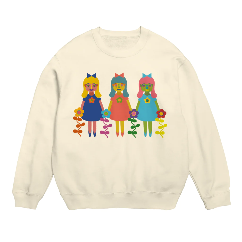 Hinaのロングヘアー三人組と花 Crew Neck Sweatshirt