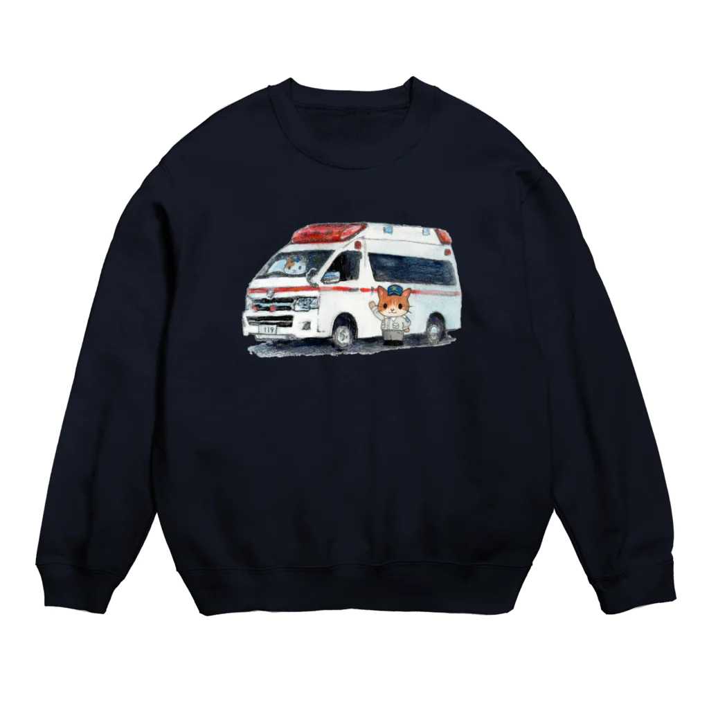 消防 と ねこちゃんの救急車と救急隊のにゃんこ Crew Neck Sweatshirt