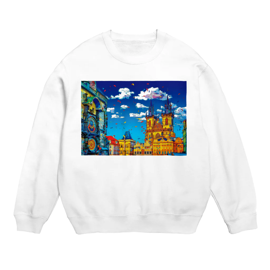 GALLERY misutawoのチェコ プラハの天文時計とティーン教会 Crew Neck Sweatshirt