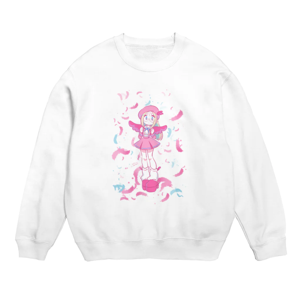 モナ子のピンクの羽の女の子 Crew Neck Sweatshirt