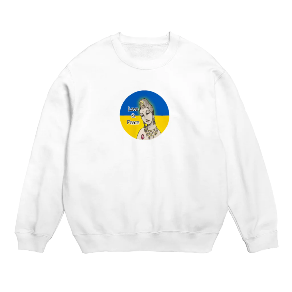 諭苑のSUZURI店のLove＆Peace観世音菩薩ウクライナ国旗背景 Crew Neck Sweatshirt