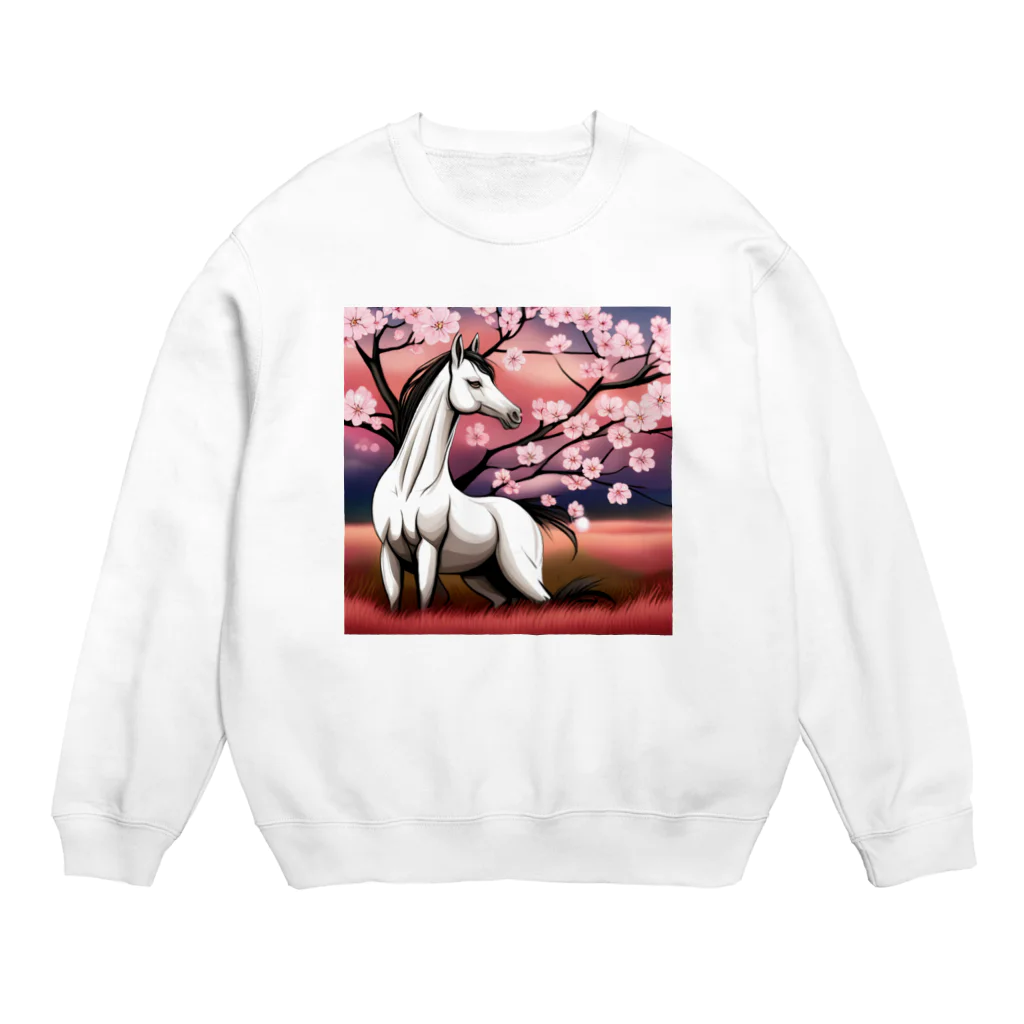 鶴丸男のお店の夜桜に佇む芦毛の怪物くん Crew Neck Sweatshirt