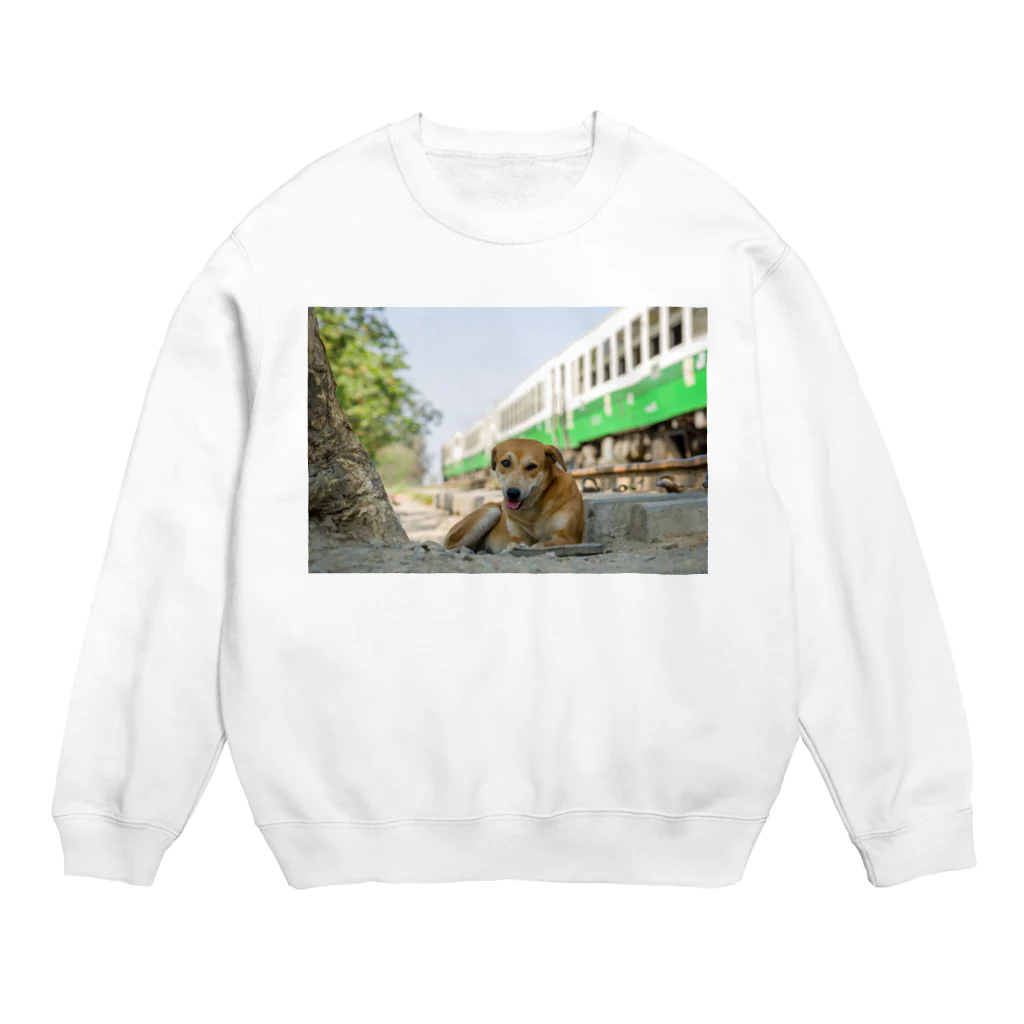 Second_Life_of_Railwaysの東北色キハ40の側でノンビリするミャンマーの野良犬 Crew Neck Sweatshirt