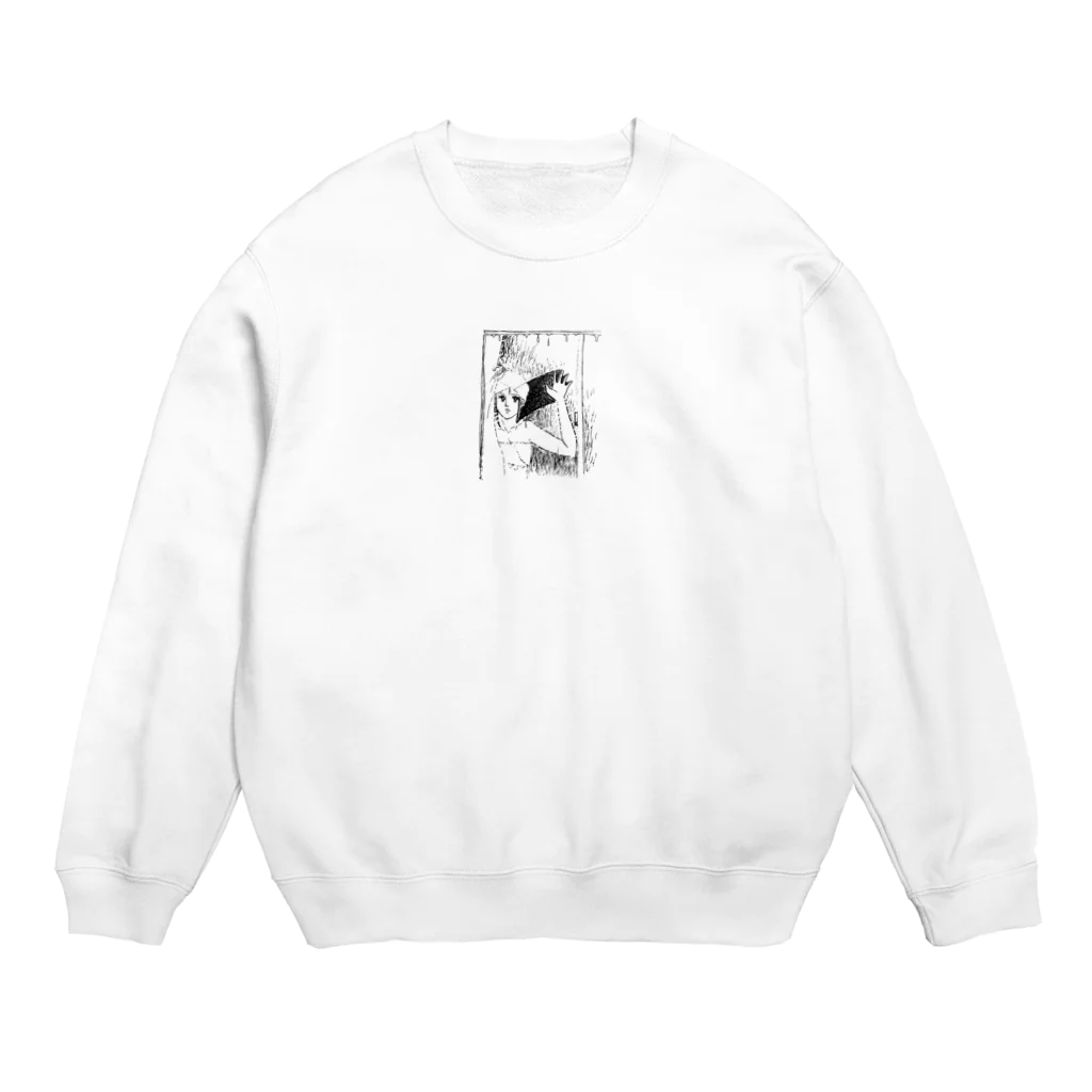 入り江わにアナログ店の曇ったガラスを拭く女 Crew Neck Sweatshirt