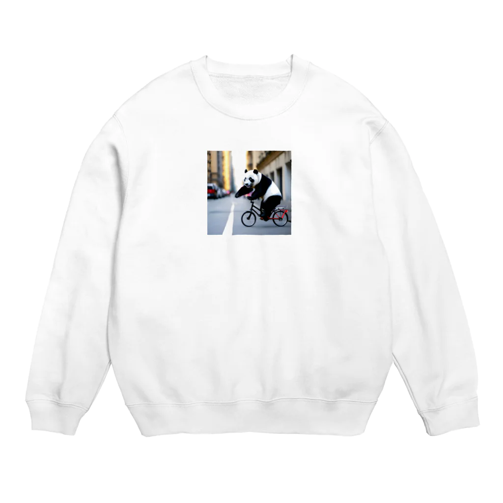 クリエイティブキャンパスマンの街中をかけるパンダ Crew Neck Sweatshirt