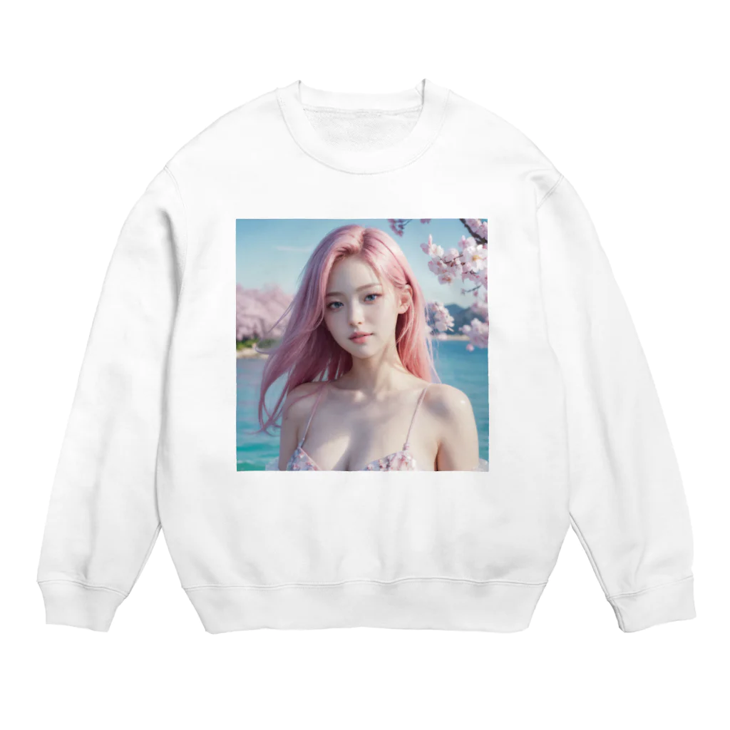 AI goddessの桜と川と青空と、ピンクの髪の女の子 Crew Neck Sweatshirt