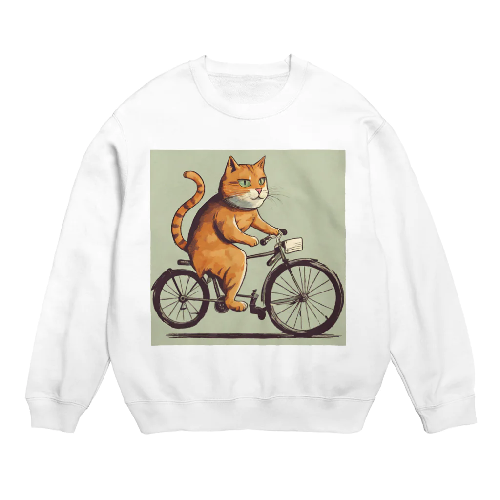 まもる@動画編集者の自転車に乗る猫 Crew Neck Sweatshirt