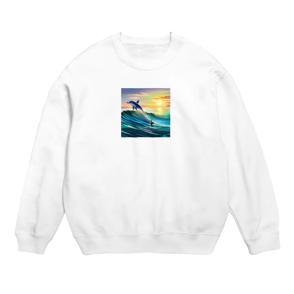 itacyoko(AIイラスト屋)の夕暮れで飛ぶイルカ Crew Neck Sweatshirt