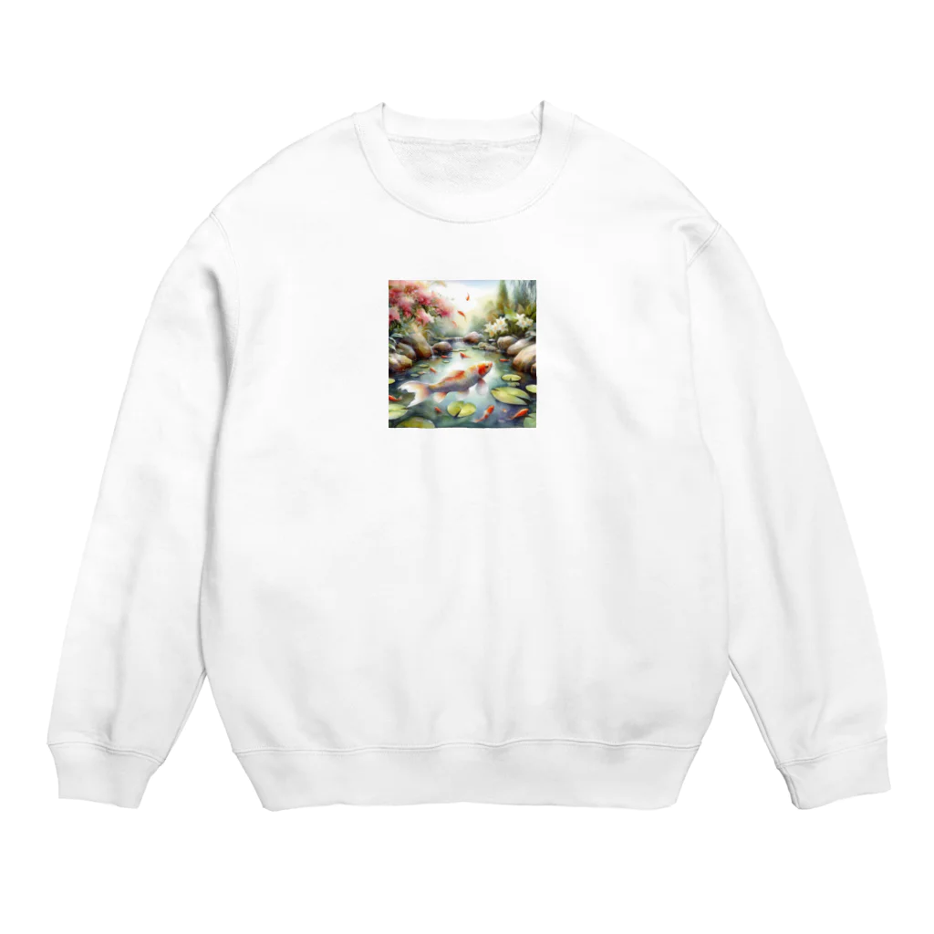 ワンダーワールド・ワンストップの鯉が泳いでいる水彩画調の池③ Crew Neck Sweatshirt