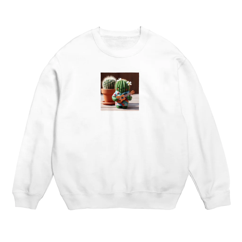 ワンダーワールド・ワンストップのハワイアンシャツを着てウクレレを弾くサボテン Crew Neck Sweatshirt