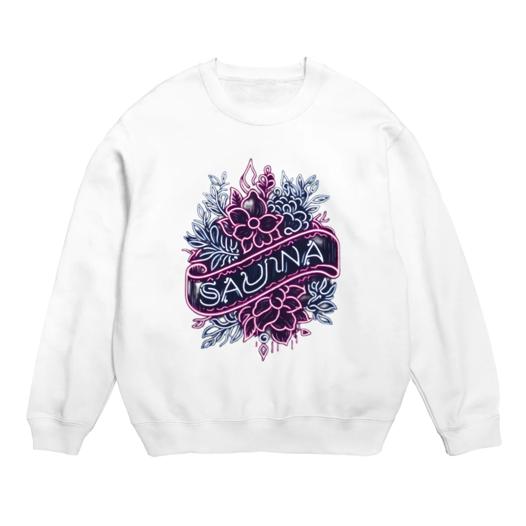 N SAUNA LOGOのネオン風花柄サウナロゴ11　花柄ver.4 Crew Neck Sweatshirt