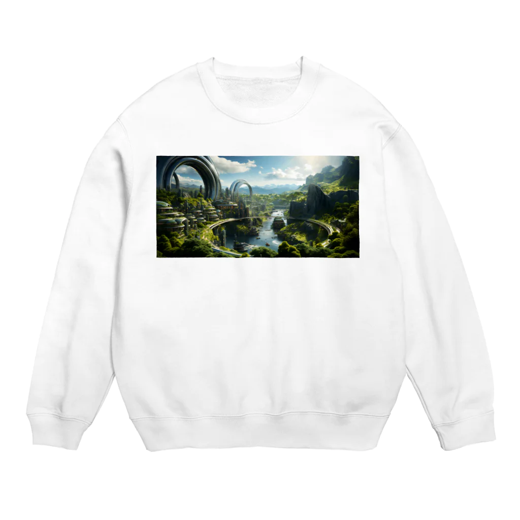 旨味教授といちごもちぷりんの未来都市 渓谷 Crew Neck Sweatshirt