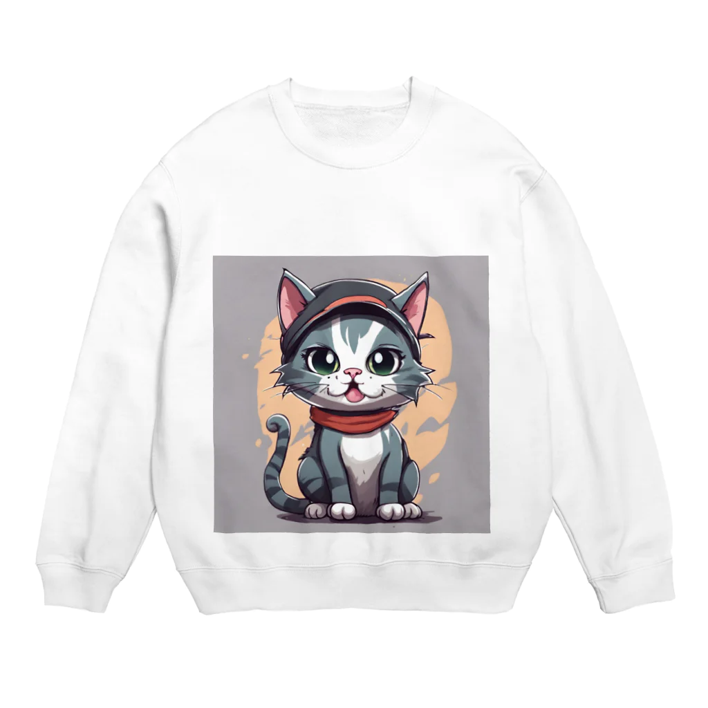 じゅんじゅんのキャップ猫 Crew Neck Sweatshirt