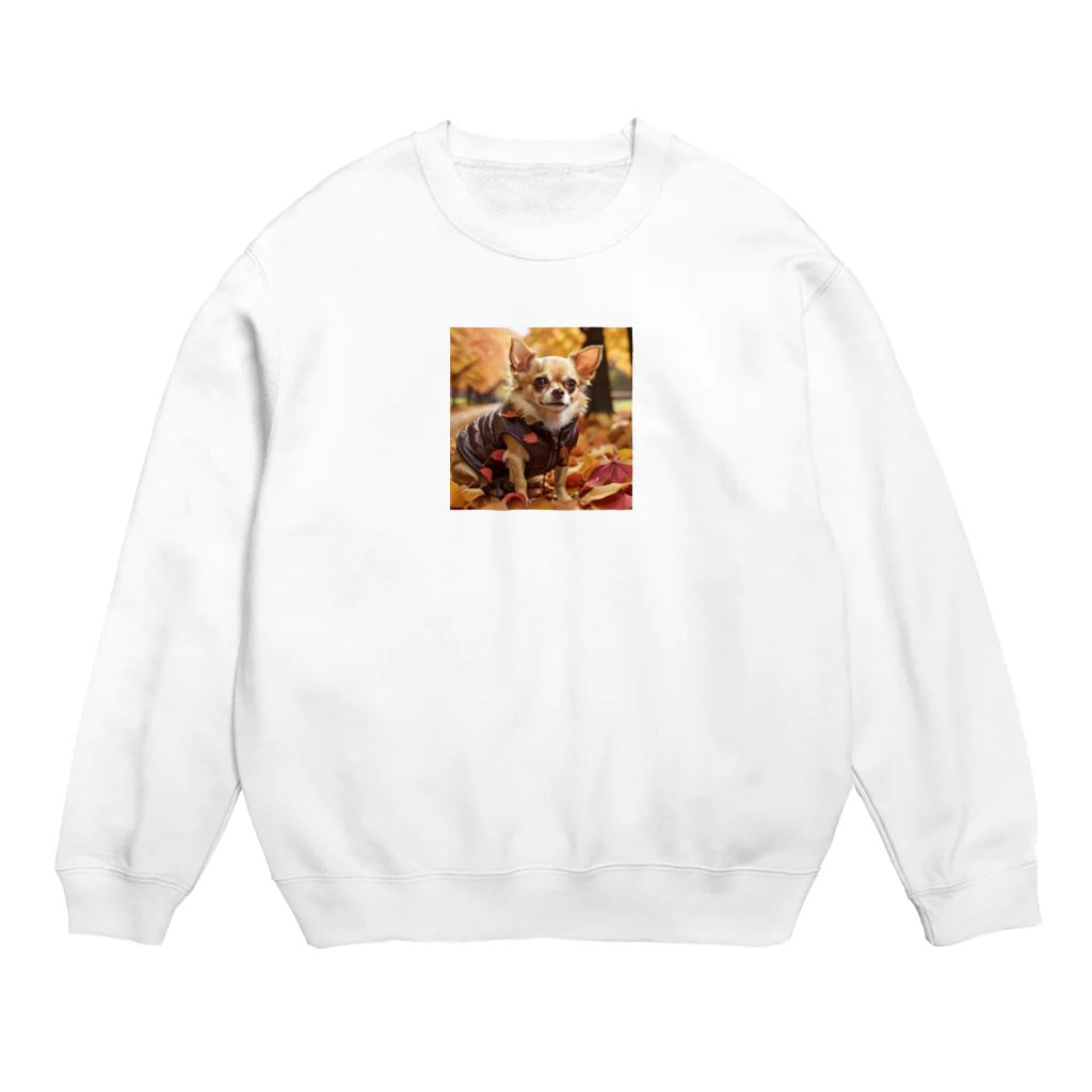 チワワ愛好家ショップの鮮やかな紅葉の中で、チワワは華やかな装いでお披露目 Crew Neck Sweatshirt