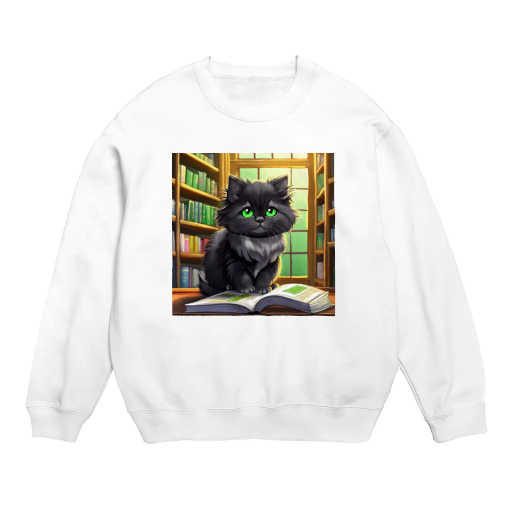 yoiyononakaの図書室の黒猫02 Crew Neck Sweatshirt