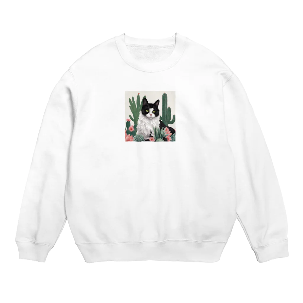 capcat1919のハチワレ白黒猫とサボテン Crew Neck Sweatshirt