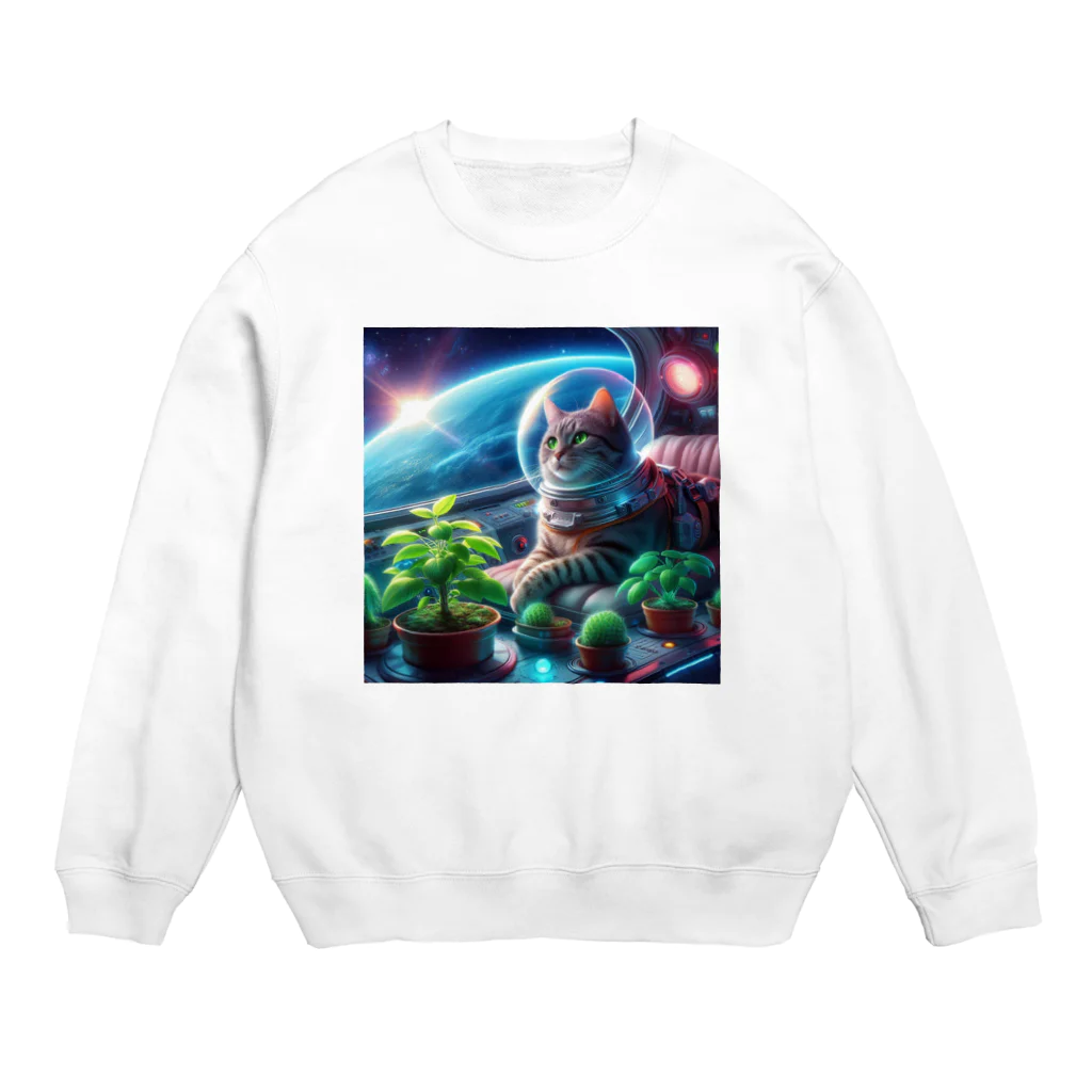 ニャーちゃんショップの宇宙船で植物を育てながら宇宙旅行している猫 Crew Neck Sweatshirt