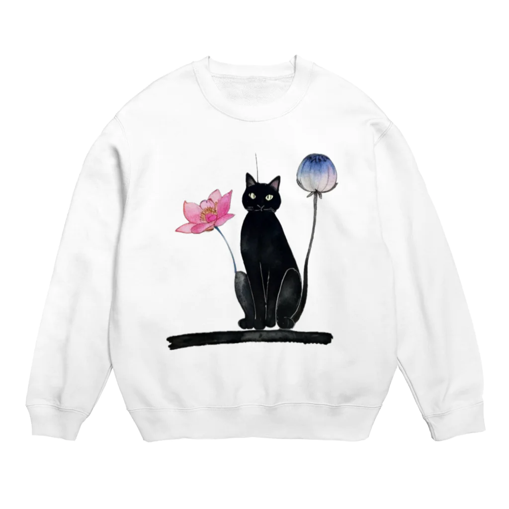 幸運のしっぽの黒猫と花 Crew Neck Sweatshirt