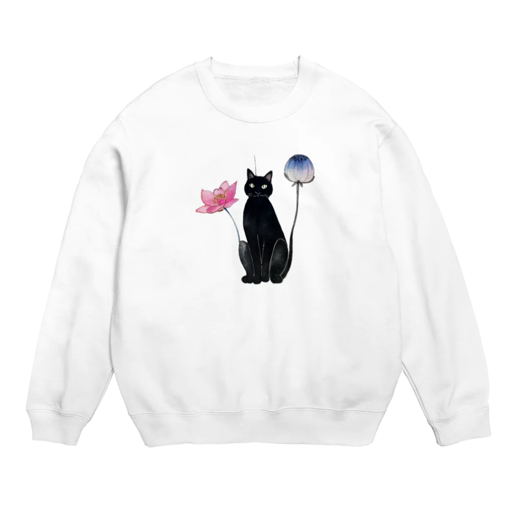 幸運のしっぽの黒猫と花 Crew Neck Sweatshirt