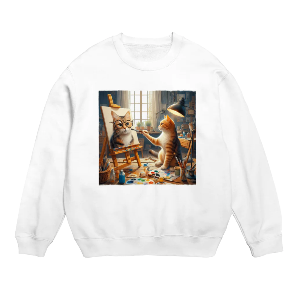 ニャーちゃんショップのネコを描くネコ Crew Neck Sweatshirt