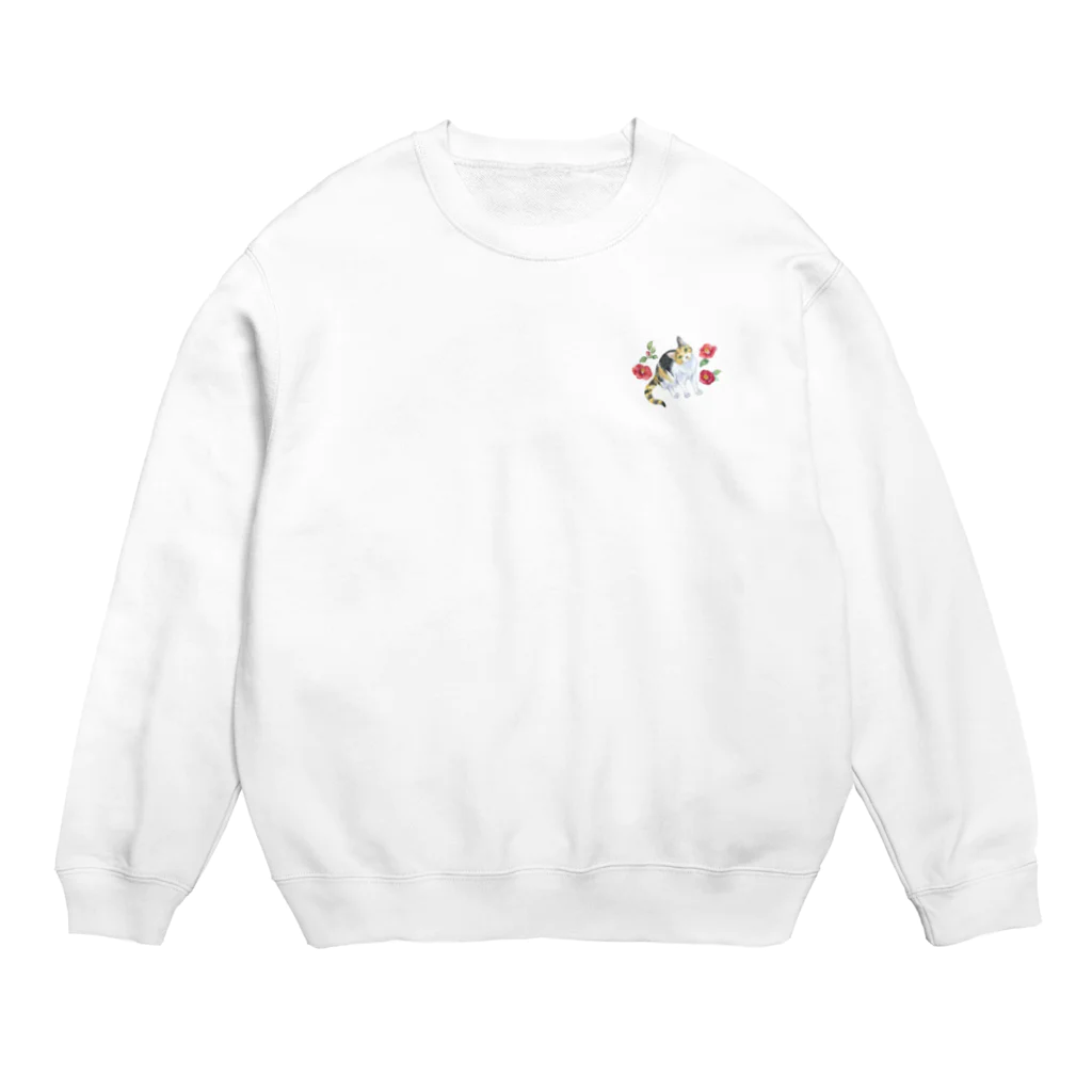 猫が好きすぎる絵描き　キジシマ ミキの三毛猫ちゃんと椿 Crew Neck Sweatshirt