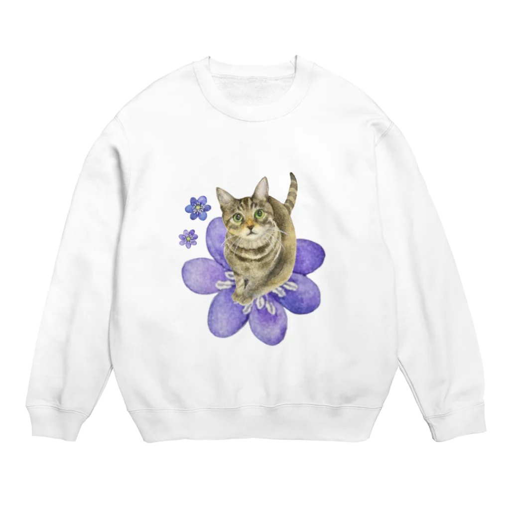 猫が好きすぎる絵描き　キジシマ ミキのキジトラくんミスミソウに乗る Crew Neck Sweatshirt