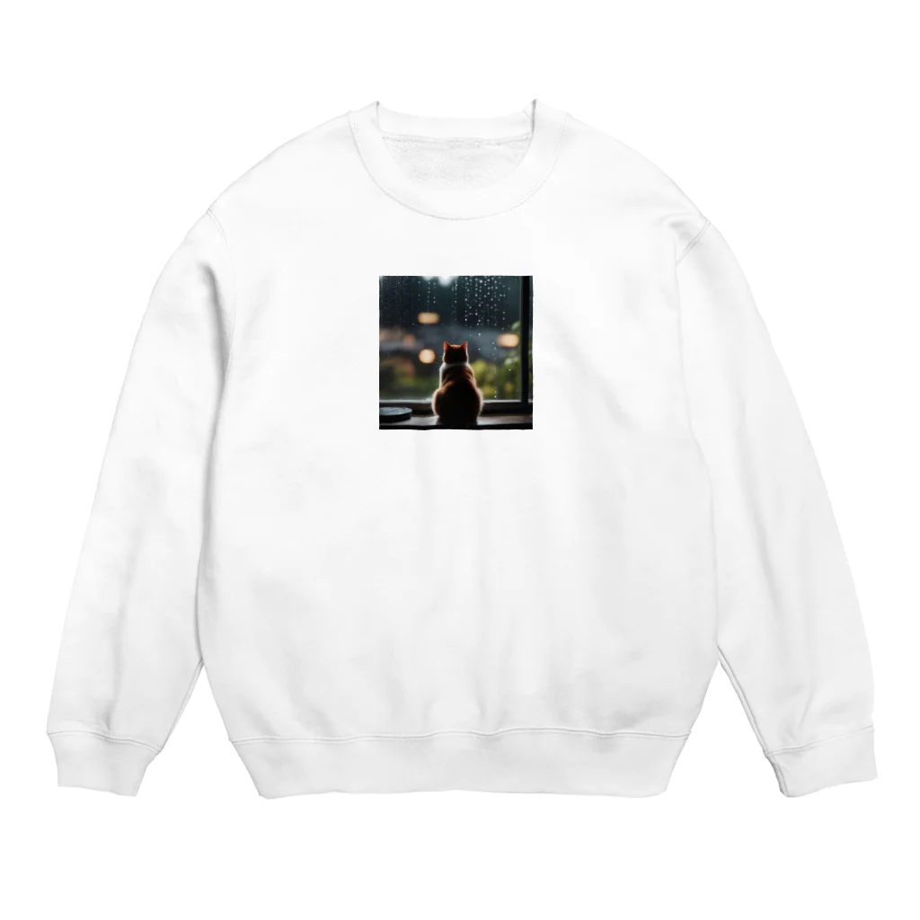 SaltyCookie Design Worksの窓の前で雨を眺めているネコ[カラー] Crew Neck Sweatshirt