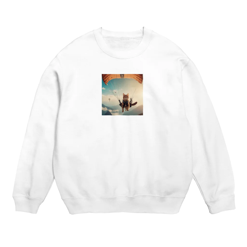 cat(゜))<<のパラシュートする猫 Crew Neck Sweatshirt