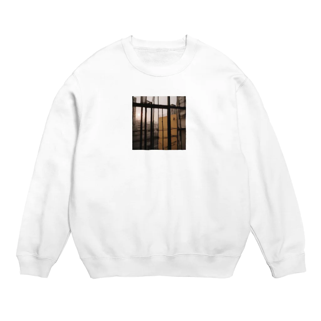 shell_hutの窓から覗く荒廃した建物が立ち並ぶ無人の通り Crew Neck Sweatshirt