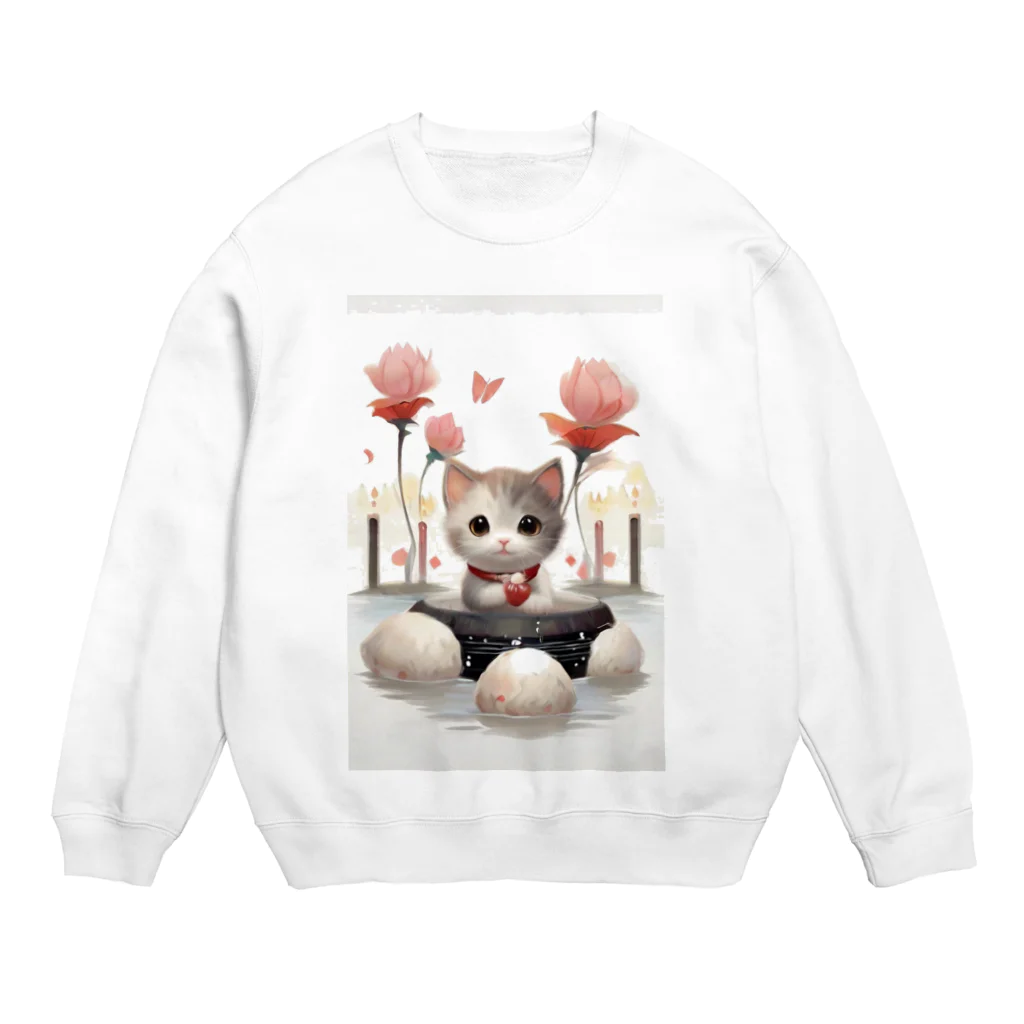 恥ずかしがり屋のねこショップの猫とお花 Crew Neck Sweatshirt