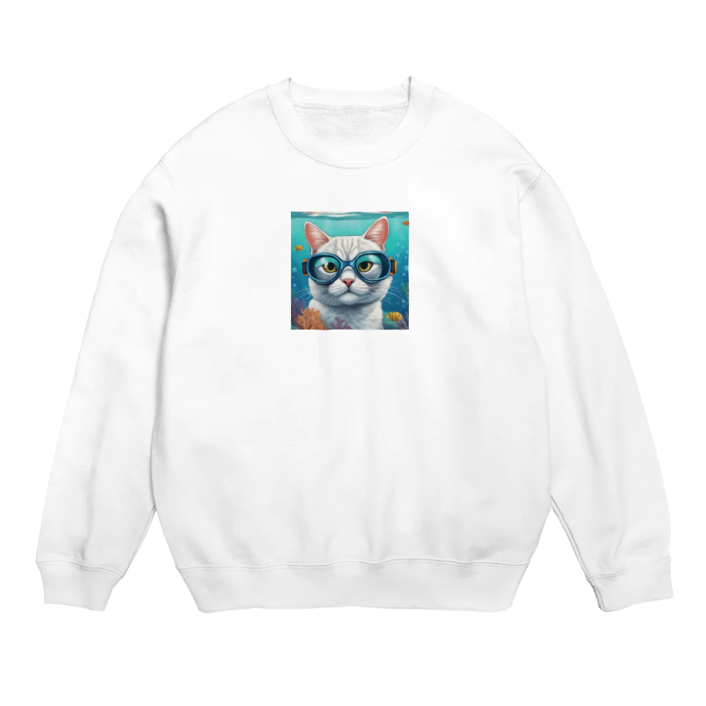 DezamaLandの水中ゴーグルを着ける猫 Crew Neck Sweatshirt