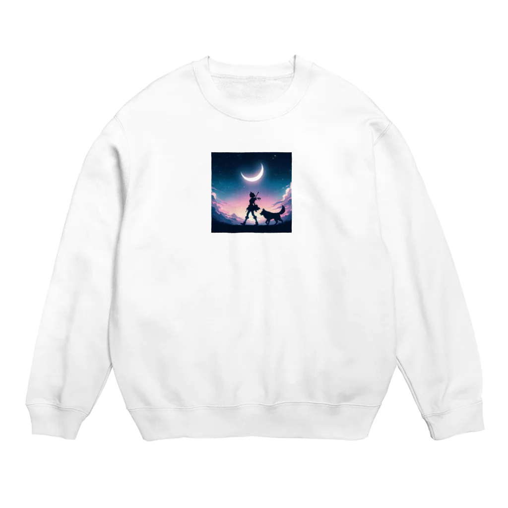 takoashiの三日月の夜、相棒の狼と散歩する狩人 Crew Neck Sweatshirt