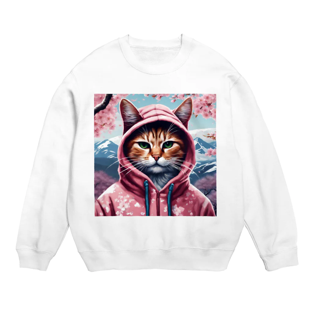 オシャンな動物達^_^の桜舞うなかオシャン猫 Crew Neck Sweatshirt