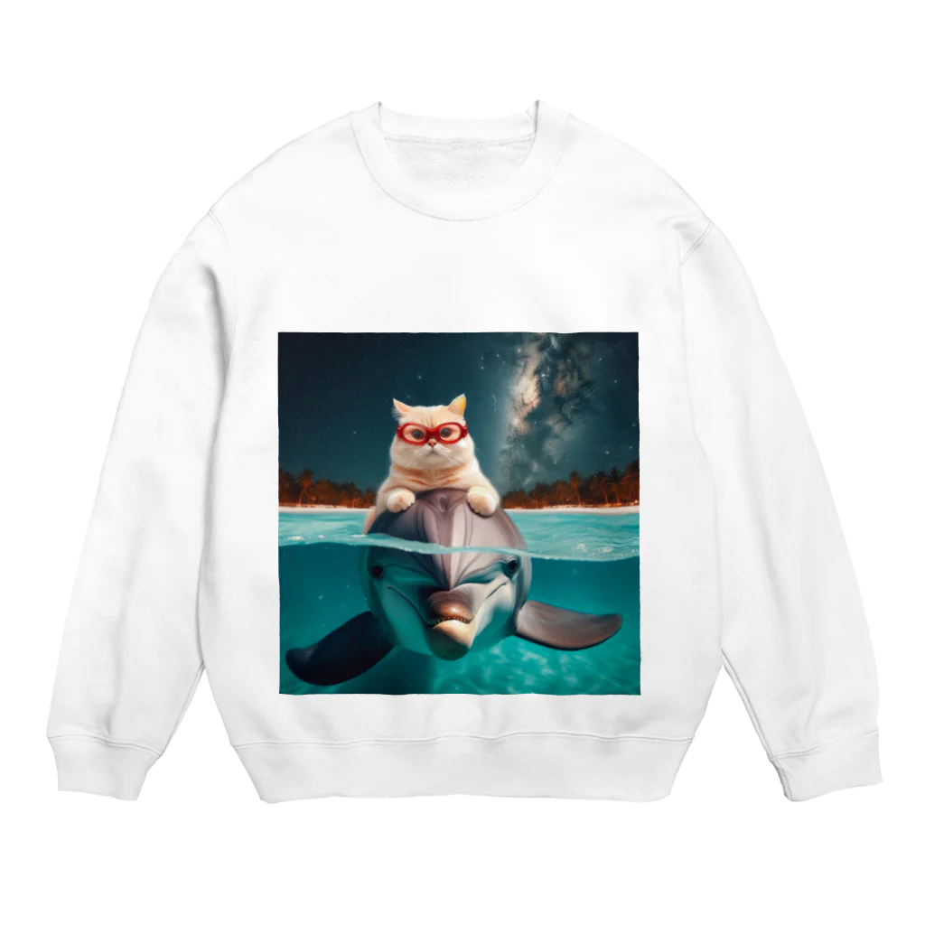 猫と紡ぐ物語のイルカと猫が海を共に泳ぐ異種間の絆が存在 Crew Neck Sweatshirt