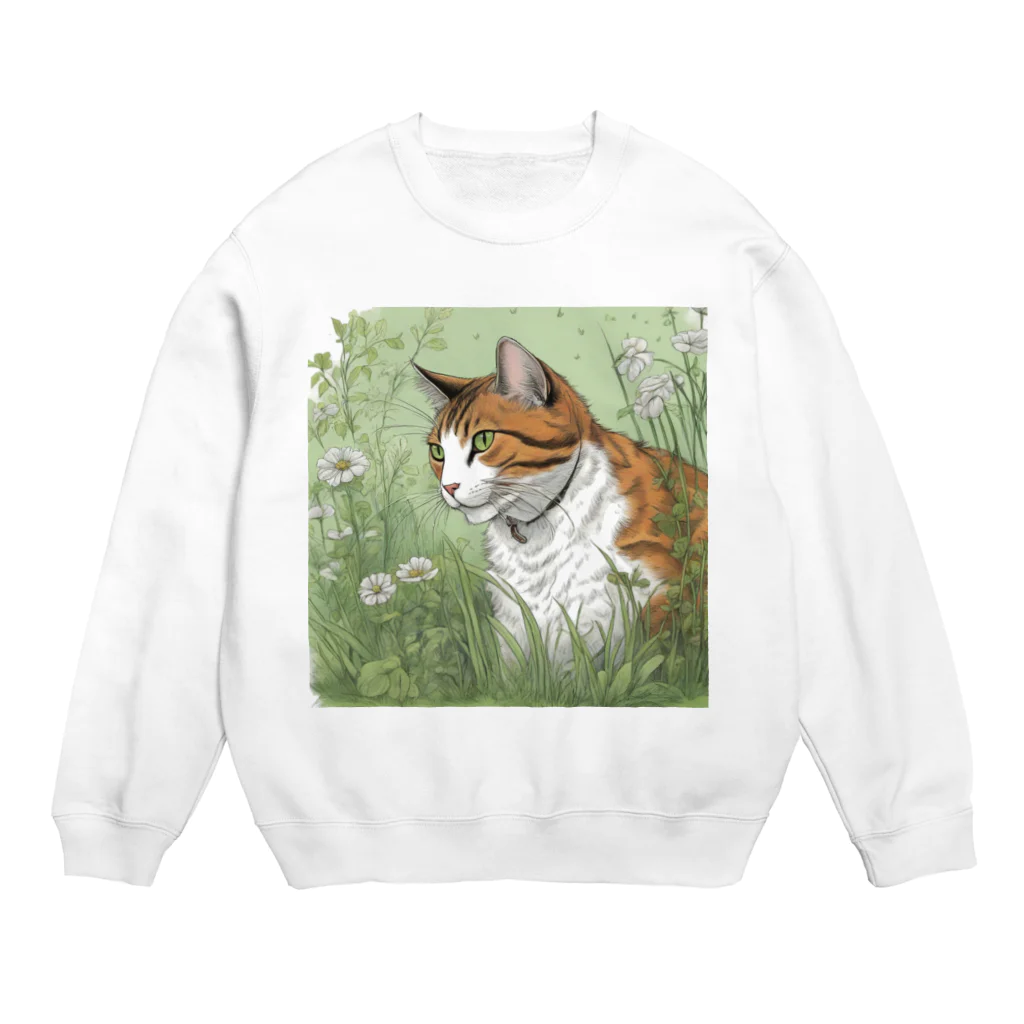 にゃんこーねこの草の中の猫 Crew Neck Sweatshirt