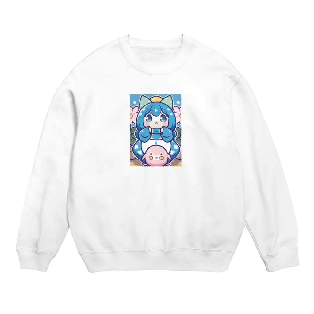 カピパーラ🐻の青い髪の姫とピンクのかわいい生物♪ Crew Neck Sweatshirt