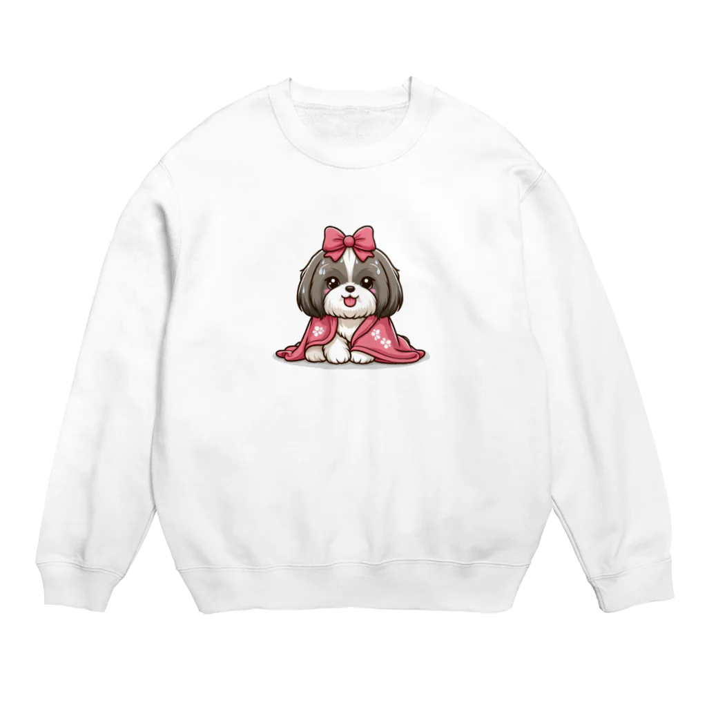 ワンコとにゃんちゃんズの毛布にくるまるシーズー Crew Neck Sweatshirt