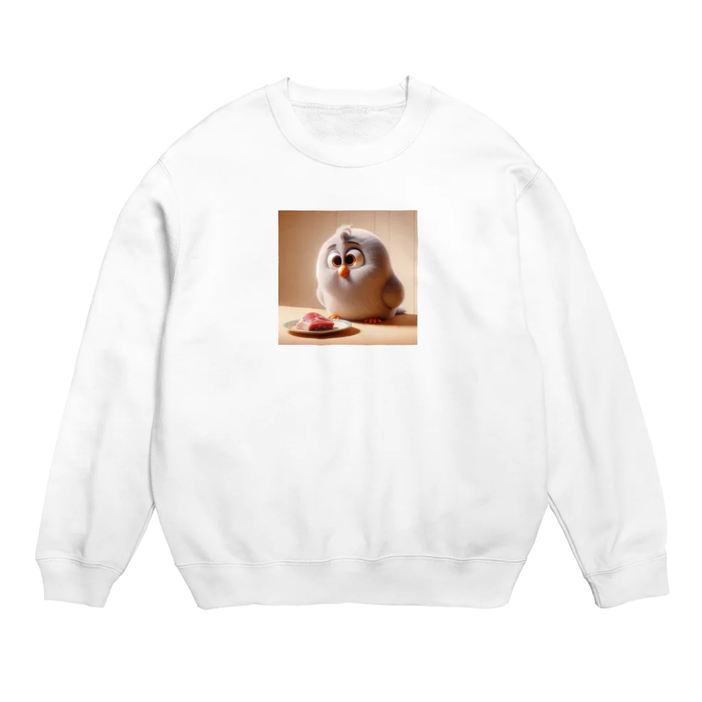 Tの店のフサフサの鳥が、美味しそうな餌を見つけた様子 Crew Neck Sweatshirt