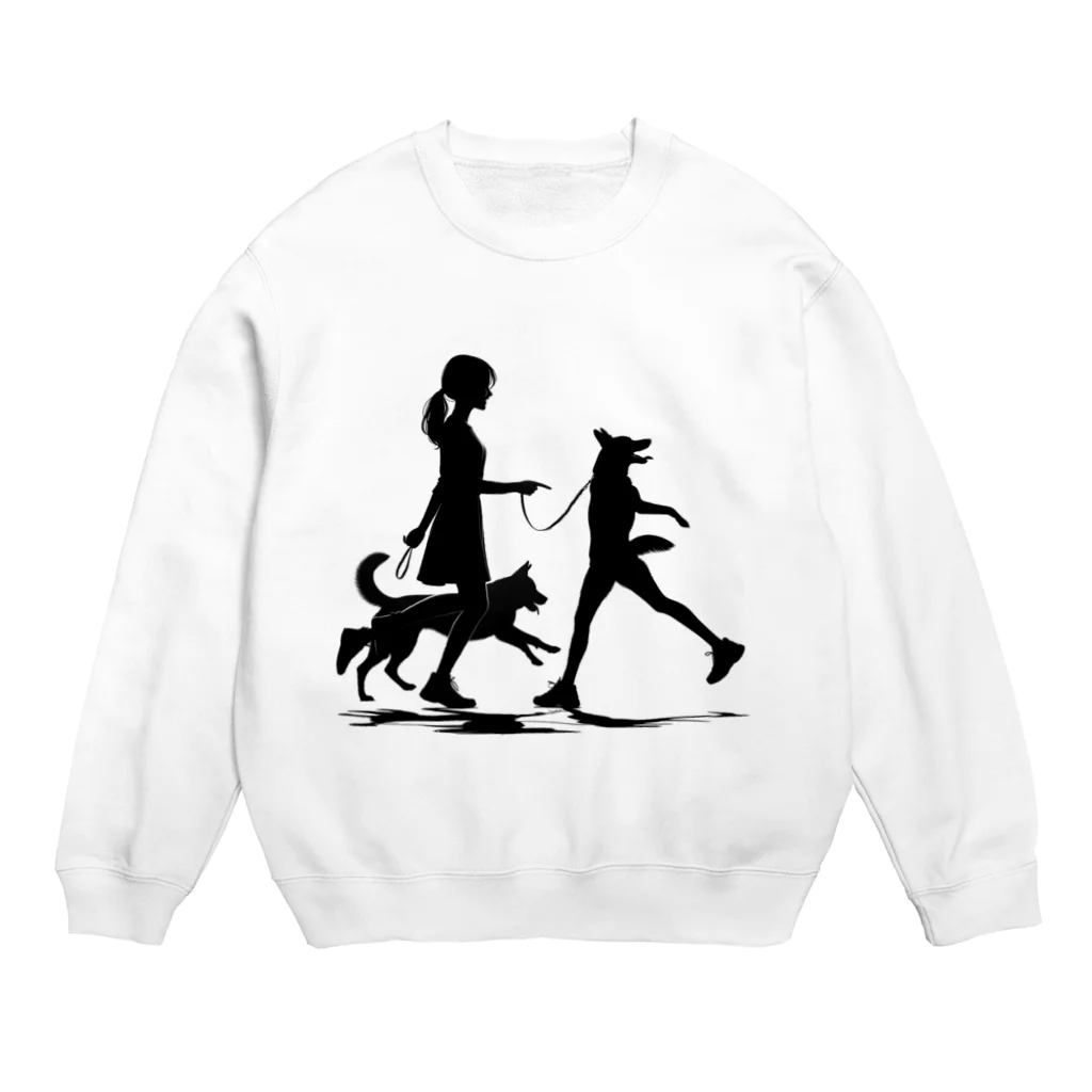 AI間違い探しの犬を散歩する女の子のシルエット Crew Neck Sweatshirt